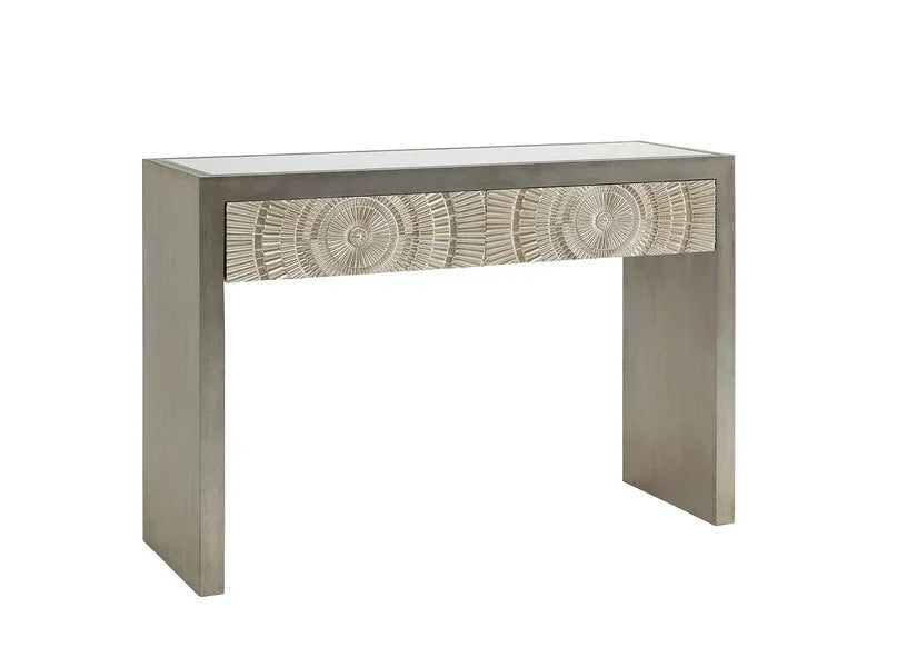 Silver console table with patterned front drawer and clean straight lines