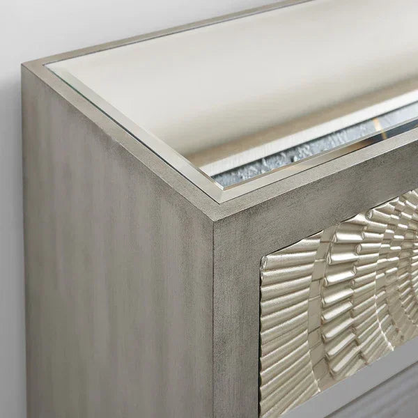 Mirrored console table with silver textured drawer front and beveled glass top
