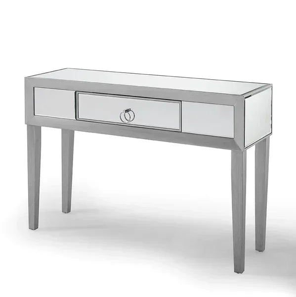 Mirrored console table with three drawers and silver finish on four straight legs