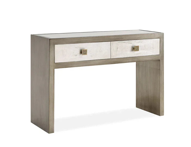 Modern console table with two drawers, brushed wood finish and square brass handles