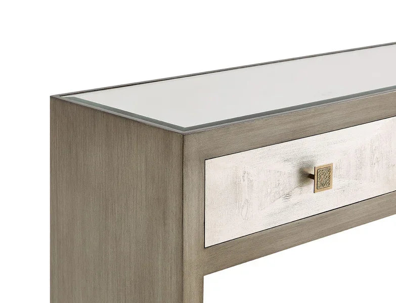 Contemporary console table with glass top and single drawer in light wood finish