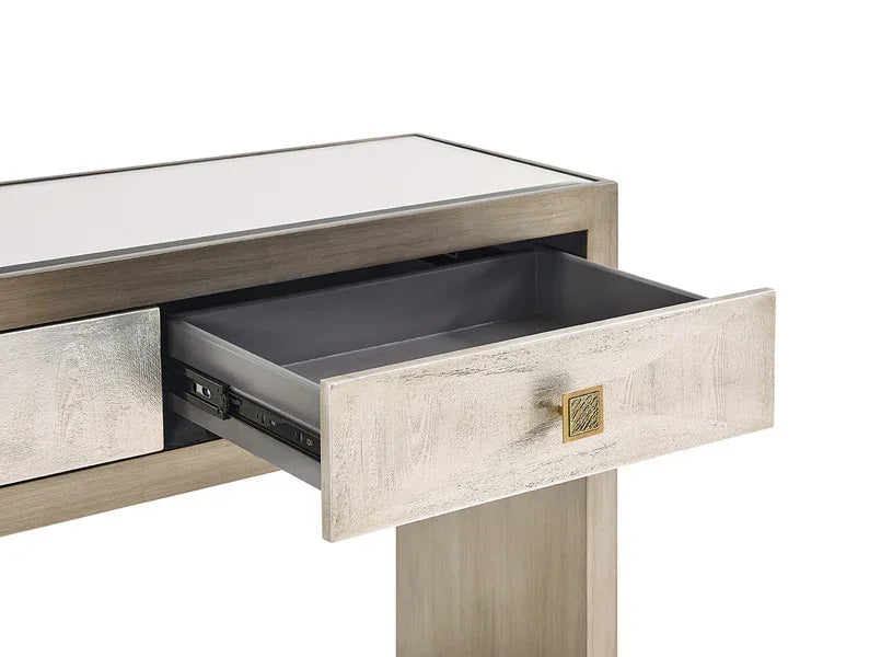 Light wood console table with single open drawer and gold handle