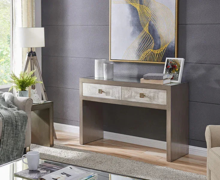 Modern wooden console table with two drawers in grey living room setting