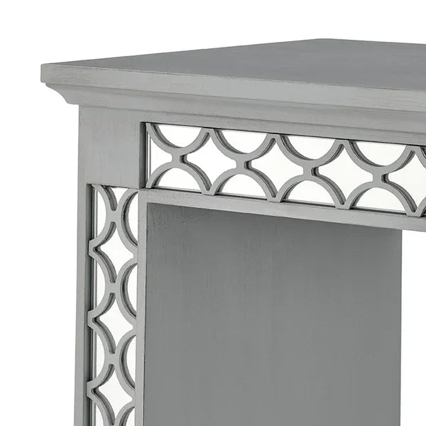 Silver wood side table with geometric cutout detail on edge and side panel