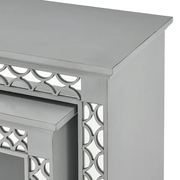 Silver mirrored console table with geometric panel detail and clean edge design