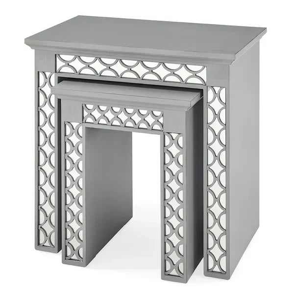 Grey nesting tables with mirrored geometric panels and modern rectangular design