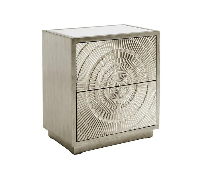 Silver bedside table with two drawers and circular geometric front pattern