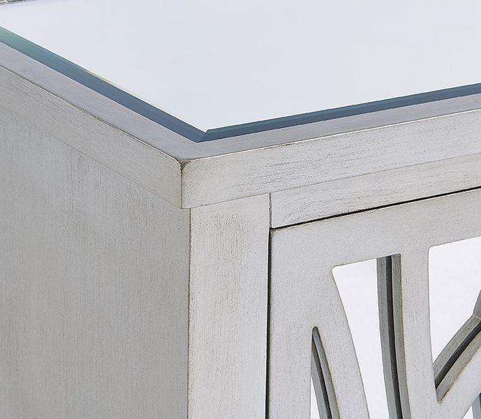 Silver wood cabinet corner with mirrored panel and glass top