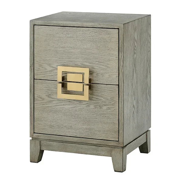 Grey wooden bedside table with two drawers and gold geometric handles