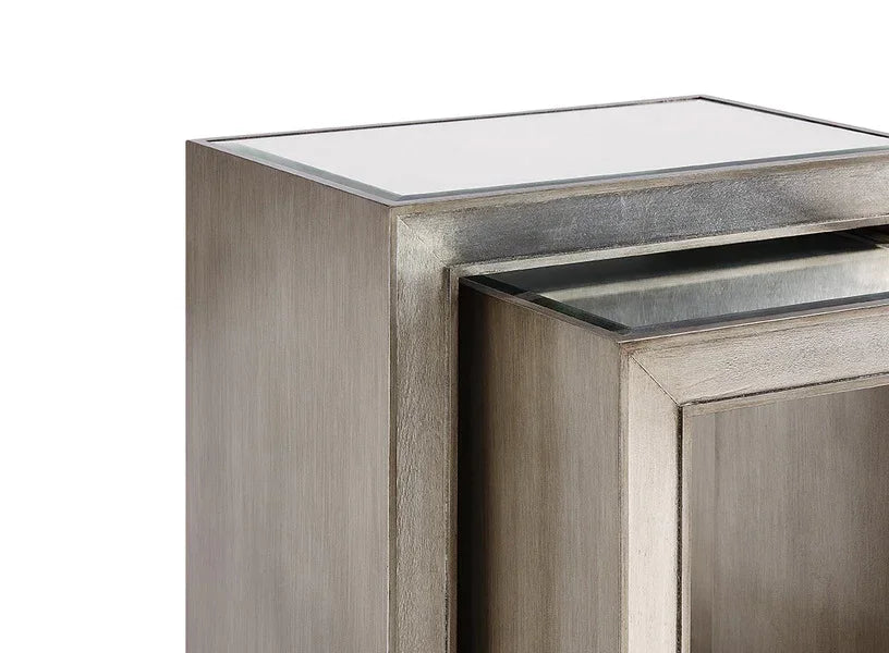 Silver finish bedside table with glass top and integrated drawer detail
