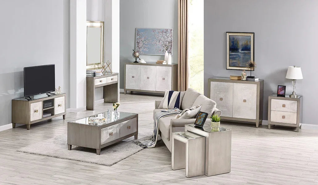 Modern living room set with grey wood furniture, mirrored coffee table, and neutral sofa