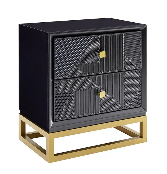 Black geometric bedside table with gold metal base and two drawers with square handles