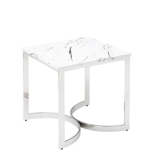 Square marble effect side table with chrome metal frame and curved legs