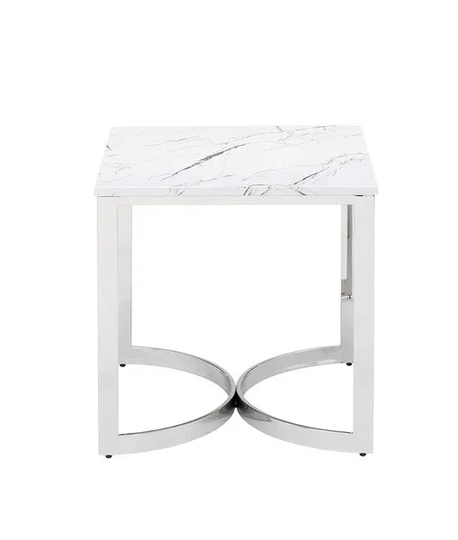 Square marble side table with chrome metal frame and modern geometric base