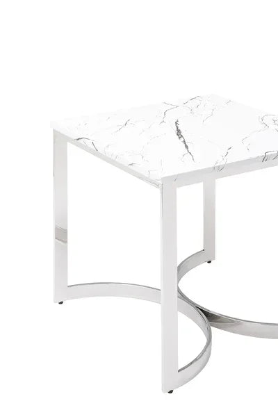 Marble top side table with chrome metal frame, square design, close angle view