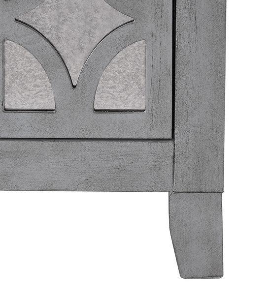 Grey wooden furniture leg with geometric glass inlay panel detail