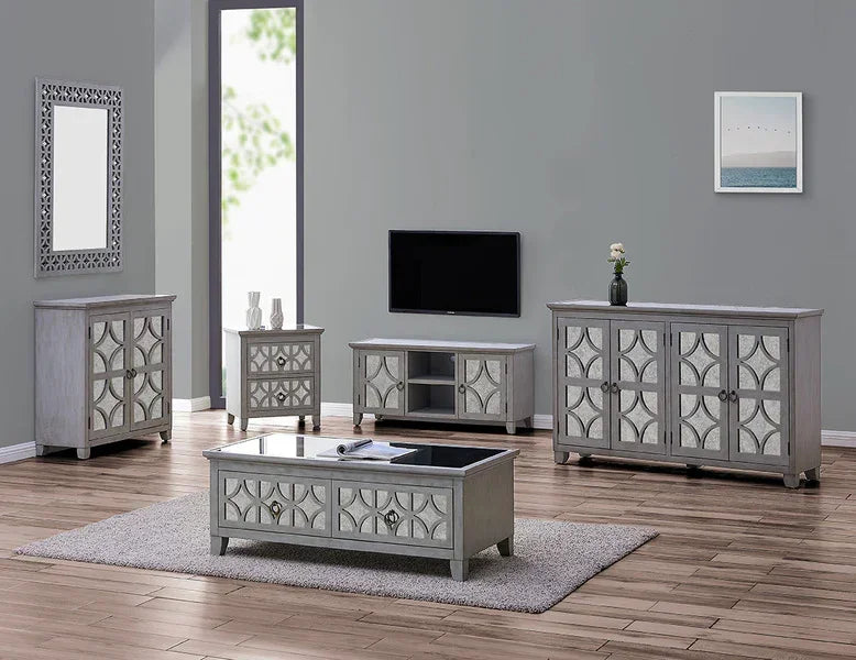Grey mirrored living room furniture set with geometric doors on wooden floor