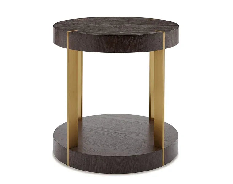 Round side table with dark wood shelves and gold metal supports
