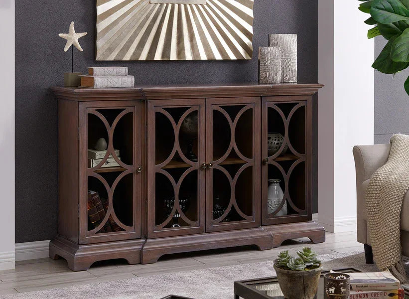 Dark wood sideboard with decorative glass doors and storage shelves in modern living room