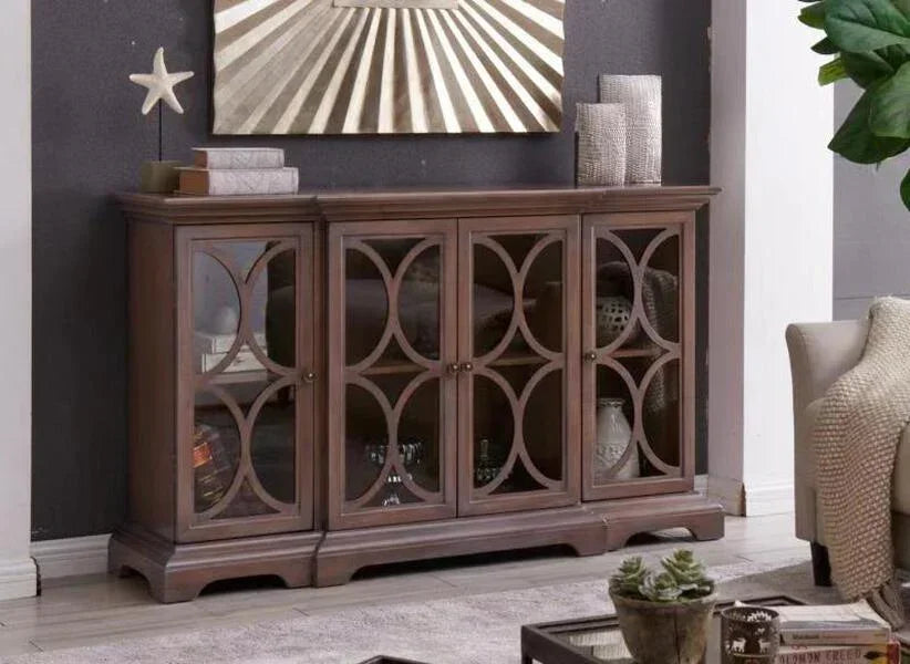 Wooden sideboard with glass doors and geometric design in modern living room