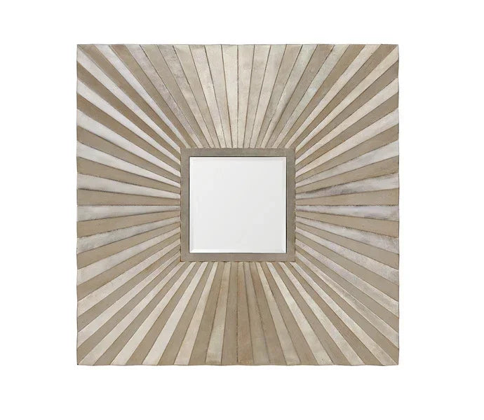 Square wall mirror with sunburst wood frame in neutral tones