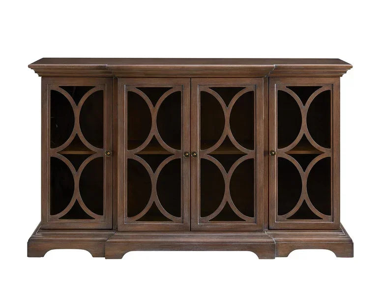 Dark wood sideboard with four glass doors and geometric pattern detail