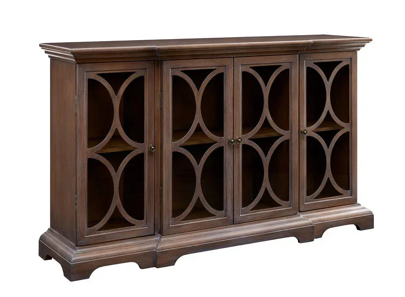 Dark wood sideboard with four glass doors featuring geometric overlay design