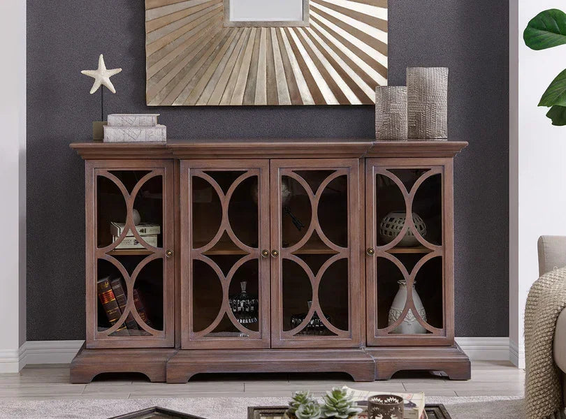 Wooden sideboard with glass doors and geometric pattern, styled in modern living room