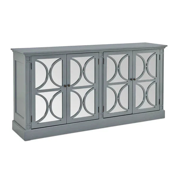 Grey wooden sideboard with mirrored cabinet doors and geometric detailing