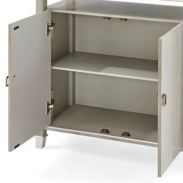Grey wooden cabinet with open doors and two shelves showing interior storage space