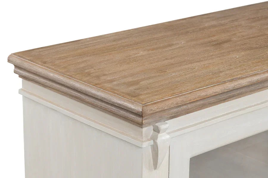 Wooden sideboard with light oak top and white painted frame, close-up of corner detail