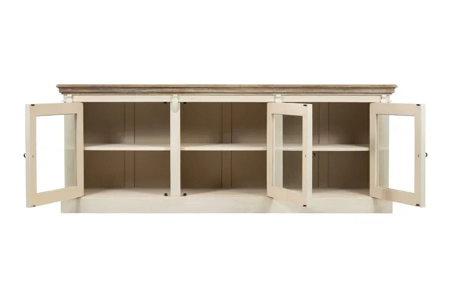 Cream wood sideboard with glass doors and shelves, rustic top, cabinet doors open