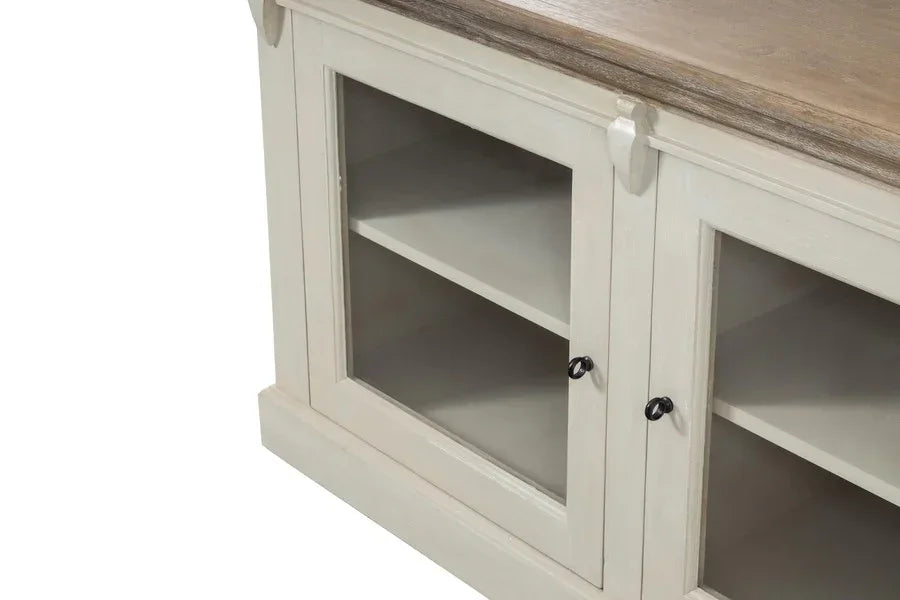Cream wooden sideboard with glass doors and natural oak top, two interior shelves visible