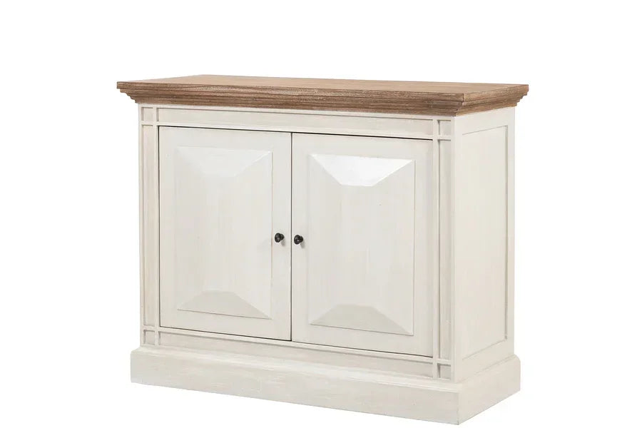 Two door sideboard with white finish and natural wood top