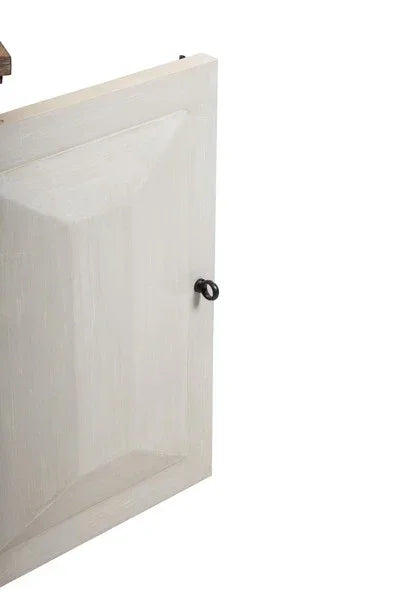 Closeup of white wooden cabinet door with black metal handle