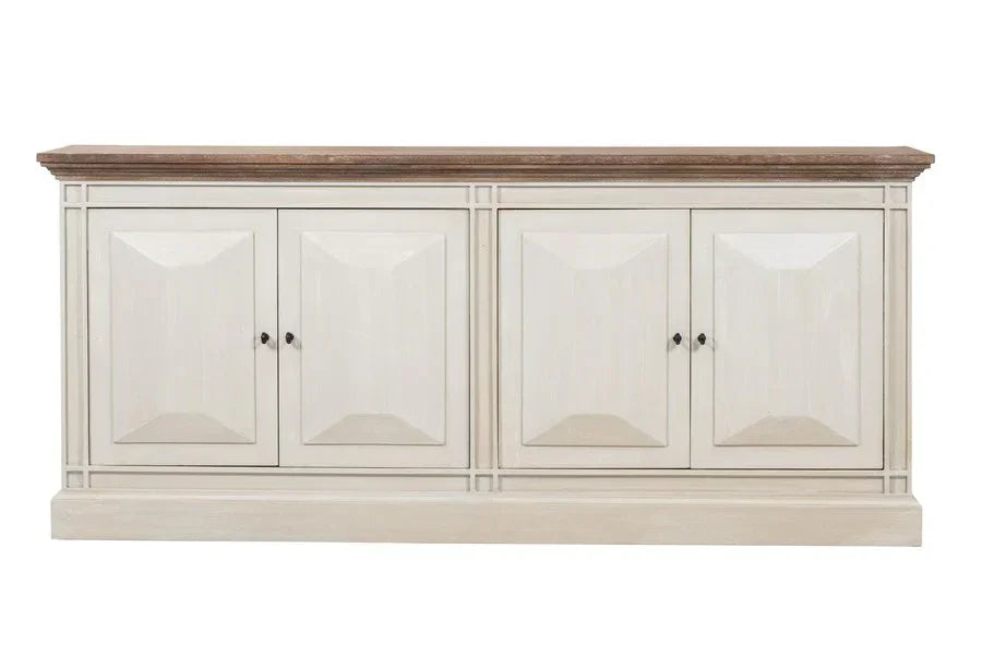 Cream sideboard with four paneled doors and wood top, front view, dining room furniture