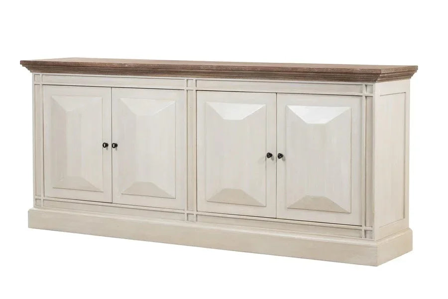 Cream wood sideboard with four panel doors and natural oak top