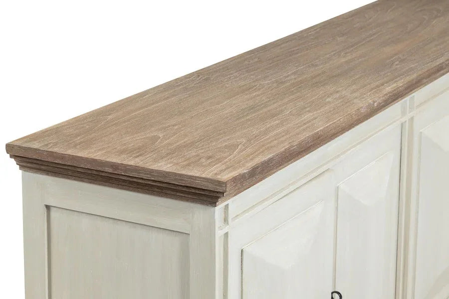 Sideboard with light wood top and cream painted cabinet doors, shown from angle view