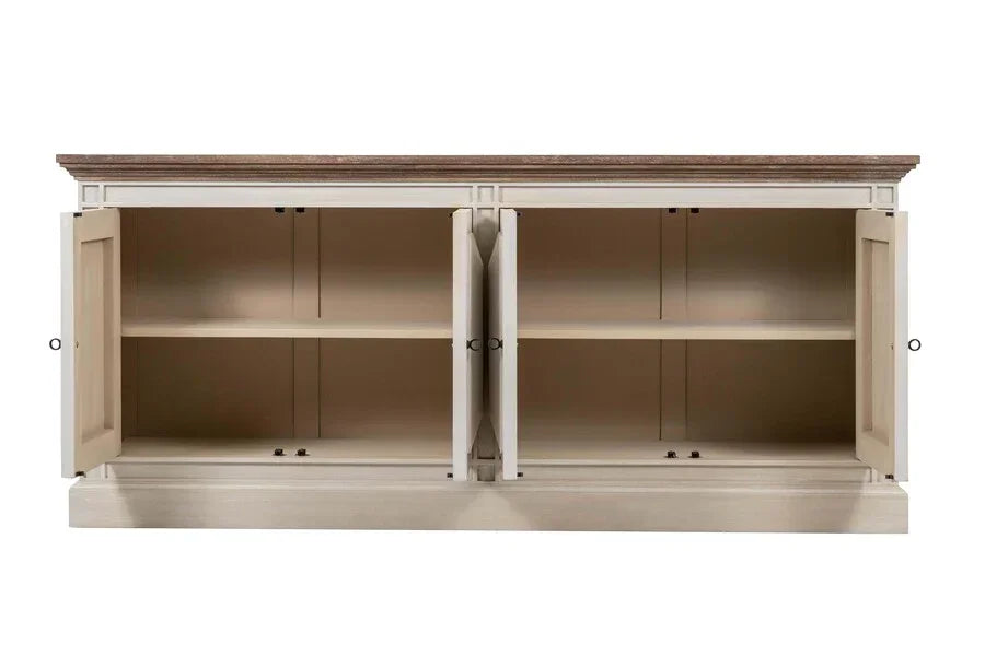 Cream wooden sideboard cabinet with two shelves and open doors, oak finish top
