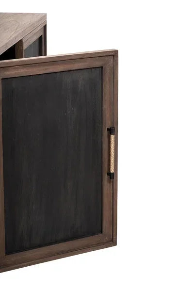 Wooden sideboard cabinet door with black panel and gold handle partially open
