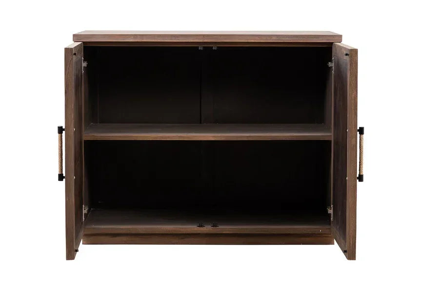 Dark wood storage cabinet with two shelves and open doors, rope handles visible