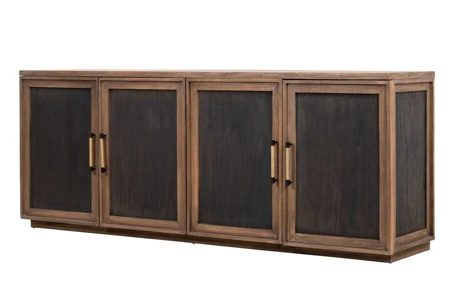 Sideboard cabinet with four dark wood doors and gold handles, angled front view