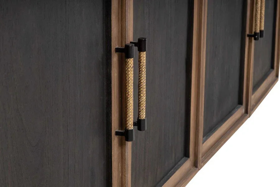 Dark wood sideboard with rattan bar handles and natural wood trim detail