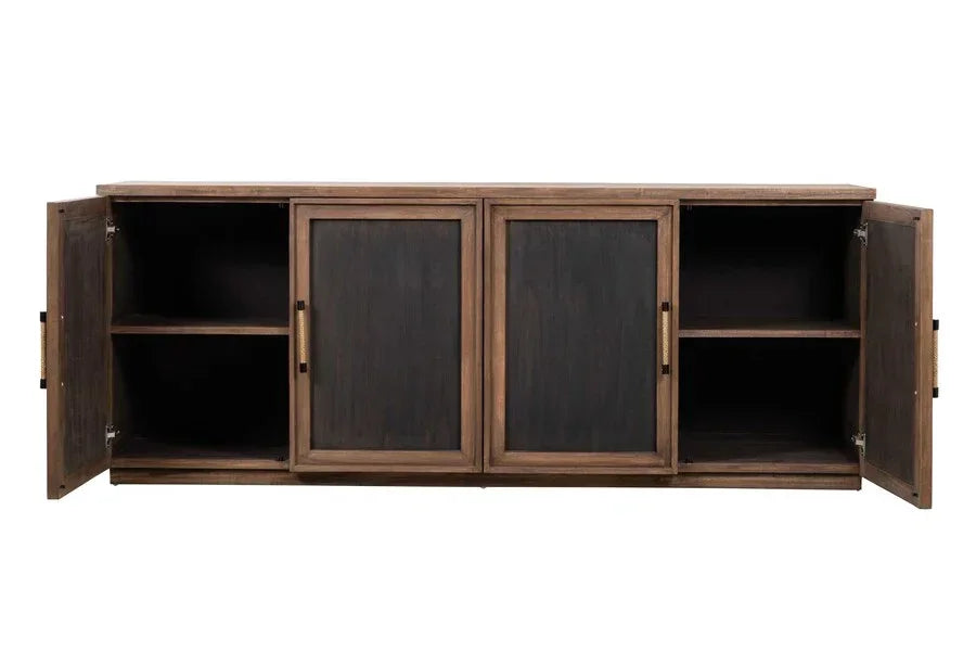Wooden sideboard with black panel doors open showing interior shelves and storage compartments