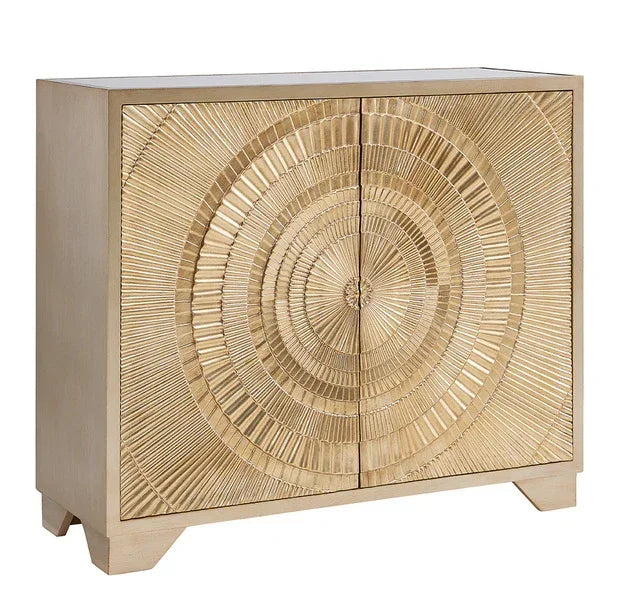 Gold sideboard cabinet with textured circular pattern and two front doors
