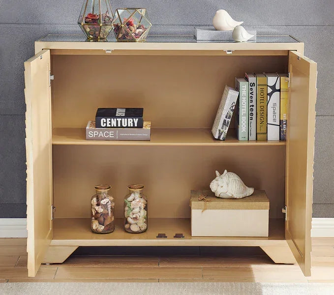Modern wooden cabinet with open doors, books, glass jars, and decorative boxes on shelves