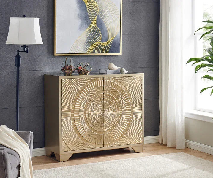 Gold sideboard with textured circular pattern in modern living room setting