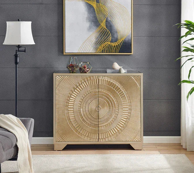 Gold sideboard with circular carved pattern in modern living room setting