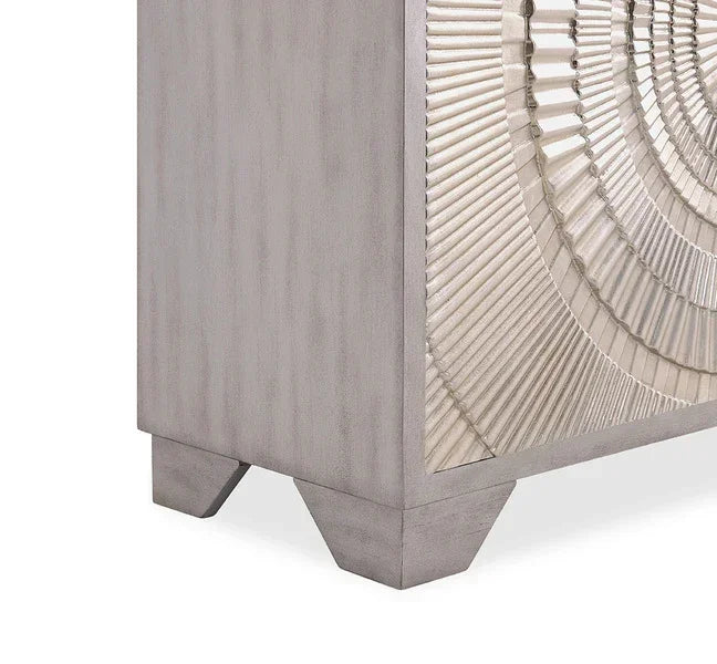 Grey wood sideboard corner with textured geometric front panel detail