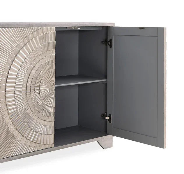 Contemporary sideboard cabinet with metallic sunburst doors and open shelving inside